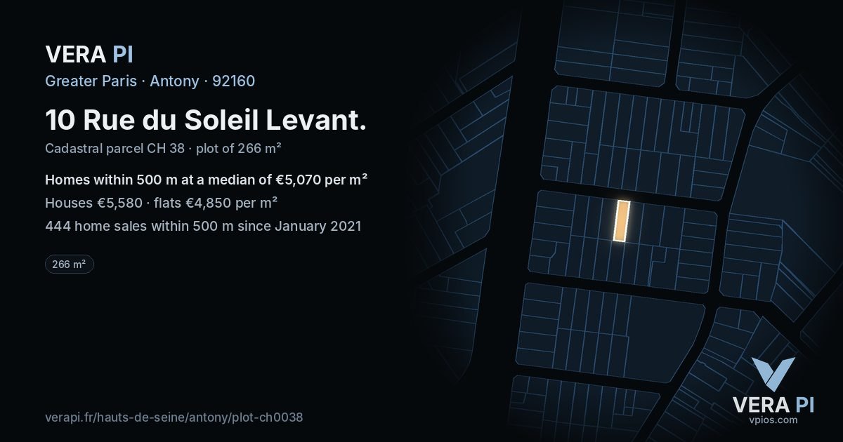 10 Rue du Soleil Levant, Antony at night – the plot lit, the parcels around coloured by the prices near them