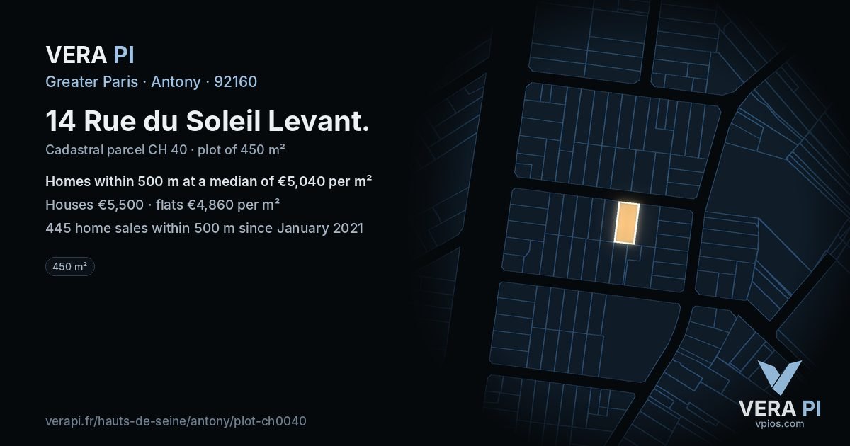 14 Rue du Soleil Levant, Antony at night – the plot lit, the parcels around coloured by the prices near them