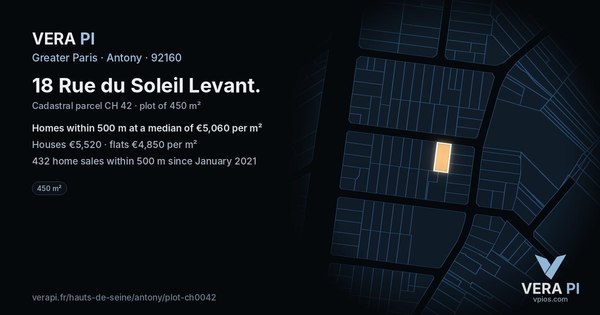 18 Rue du Soleil Levant, Antony at night – the plot lit, the parcels around coloured by the prices near them