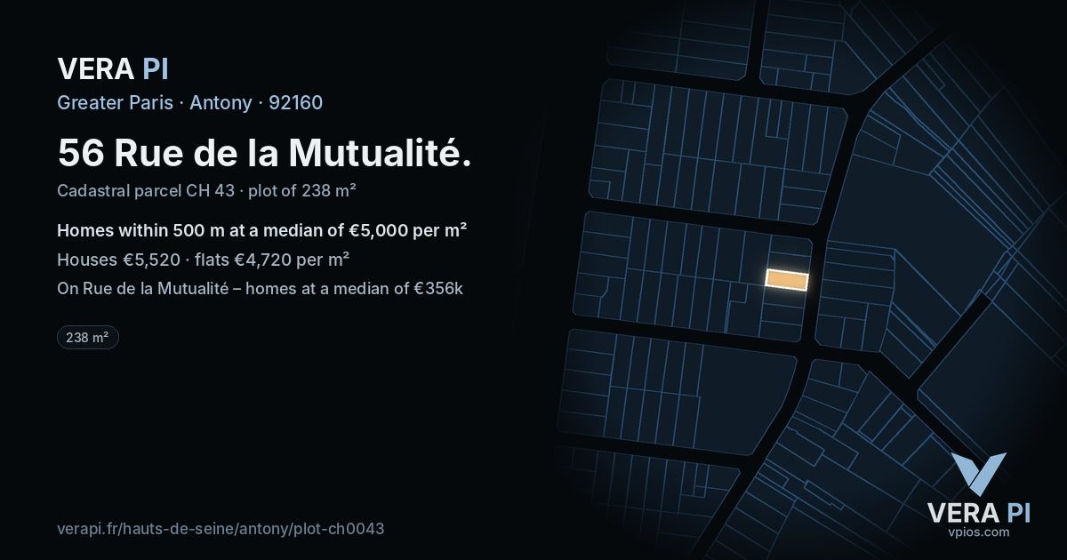 56 Rue de la Mutualité, Antony at night – the plot lit, the parcels around coloured by the prices near them