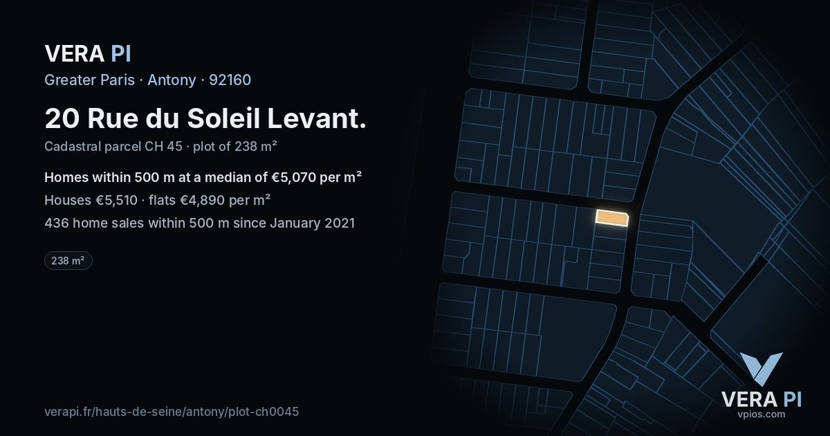 20 Rue du Soleil Levant, Antony at night – the plot lit, the parcels around coloured by the prices near them