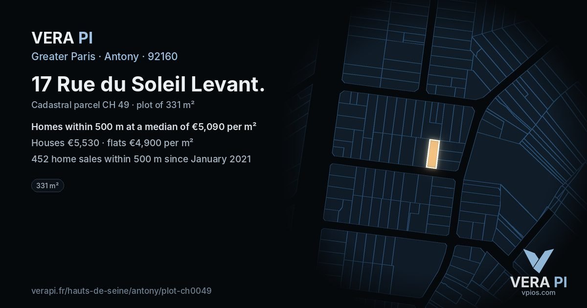 17 Rue du Soleil Levant, Antony at night – the plot lit, the parcels around coloured by the prices near them