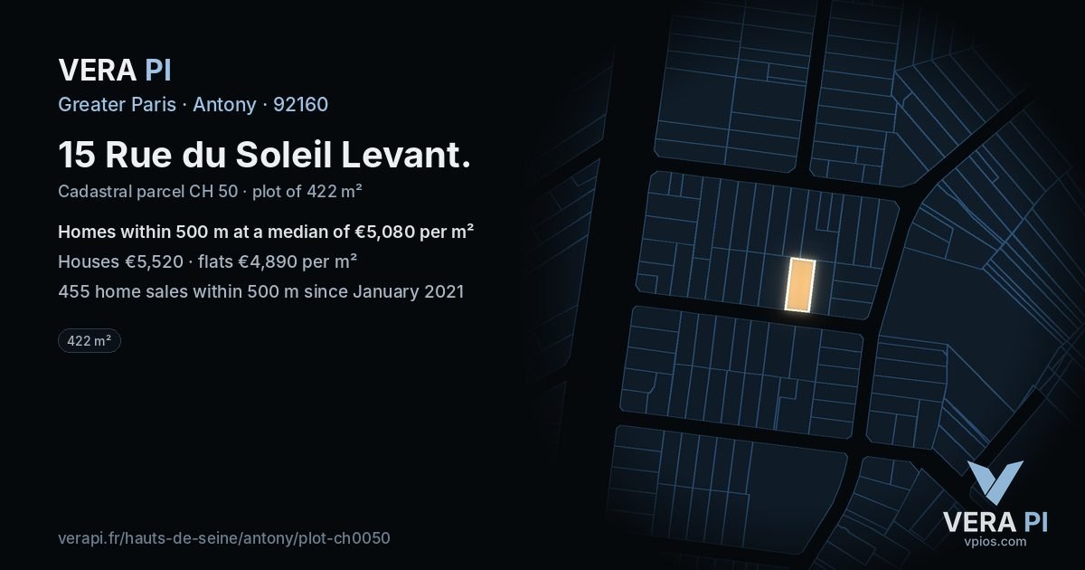 15 Rue du Soleil Levant, Antony at night – the plot lit, the parcels around coloured by the prices near them