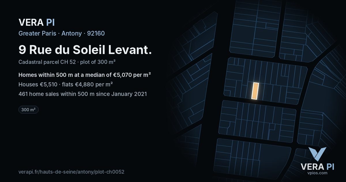 9 Rue du Soleil Levant, Antony at night – the plot lit, the parcels around coloured by the prices near them