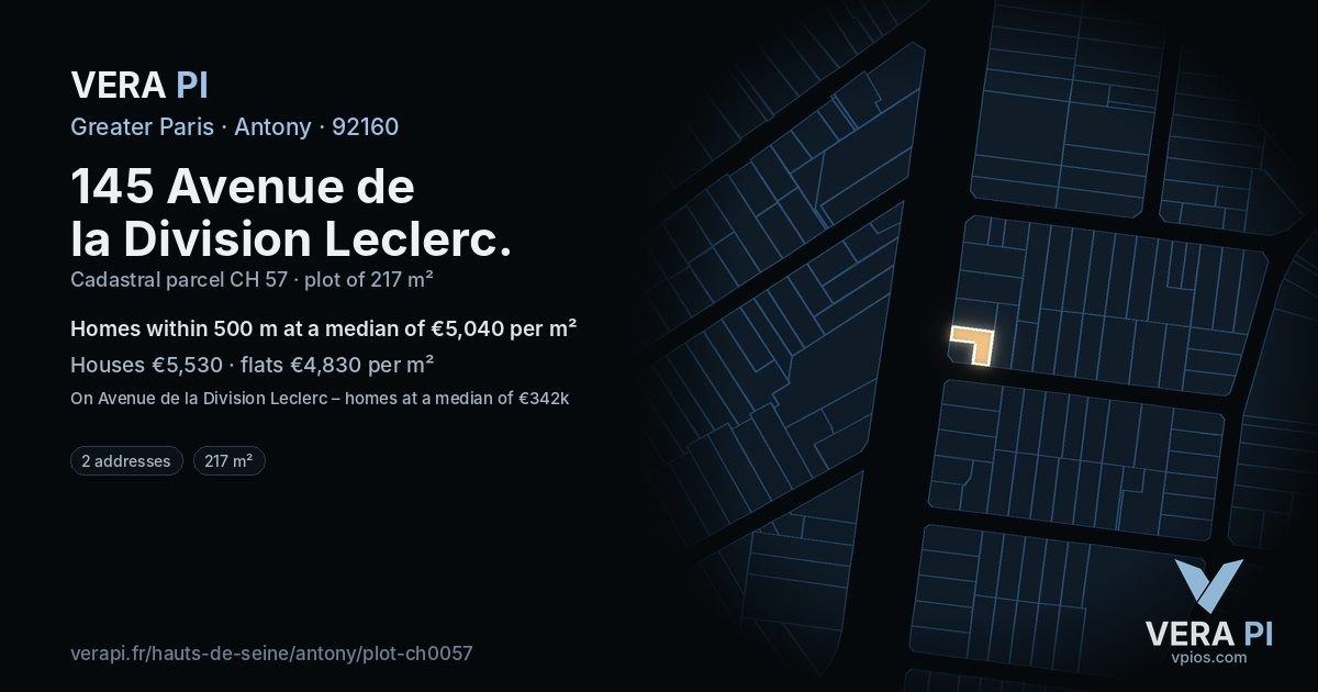 145 Avenue de la Division Leclerc, Antony at night – the plot lit, the parcels around coloured by the prices near them