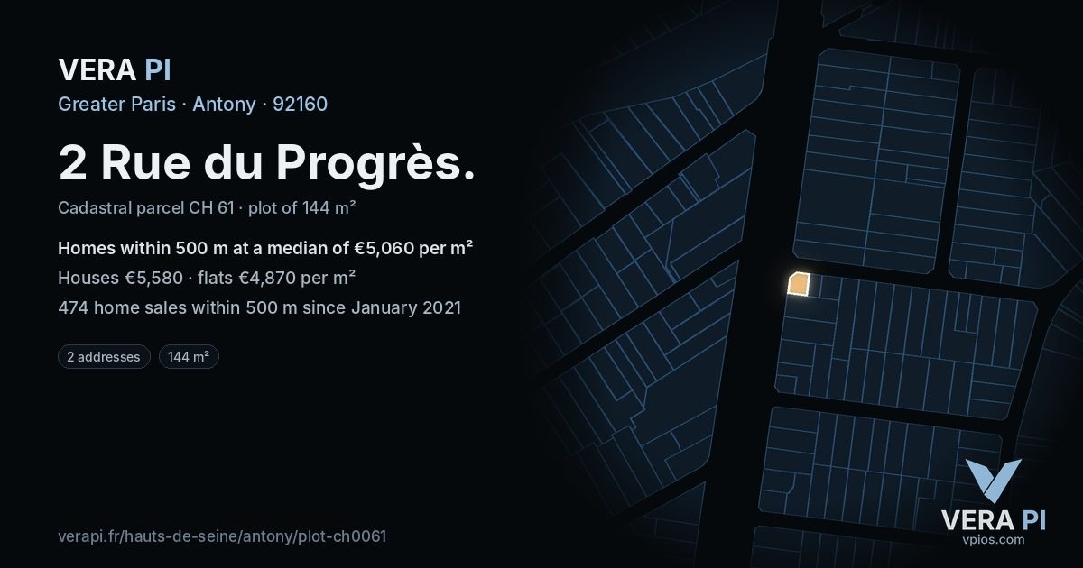 2 Rue du Progrès, Antony at night – the plot lit, the parcels around coloured by the prices near them