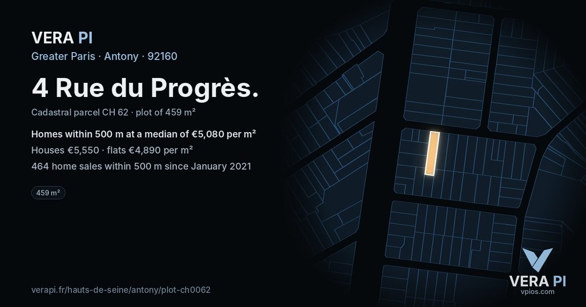 4 Rue du Progrès, Antony at night – the plot lit, the parcels around coloured by the prices near them