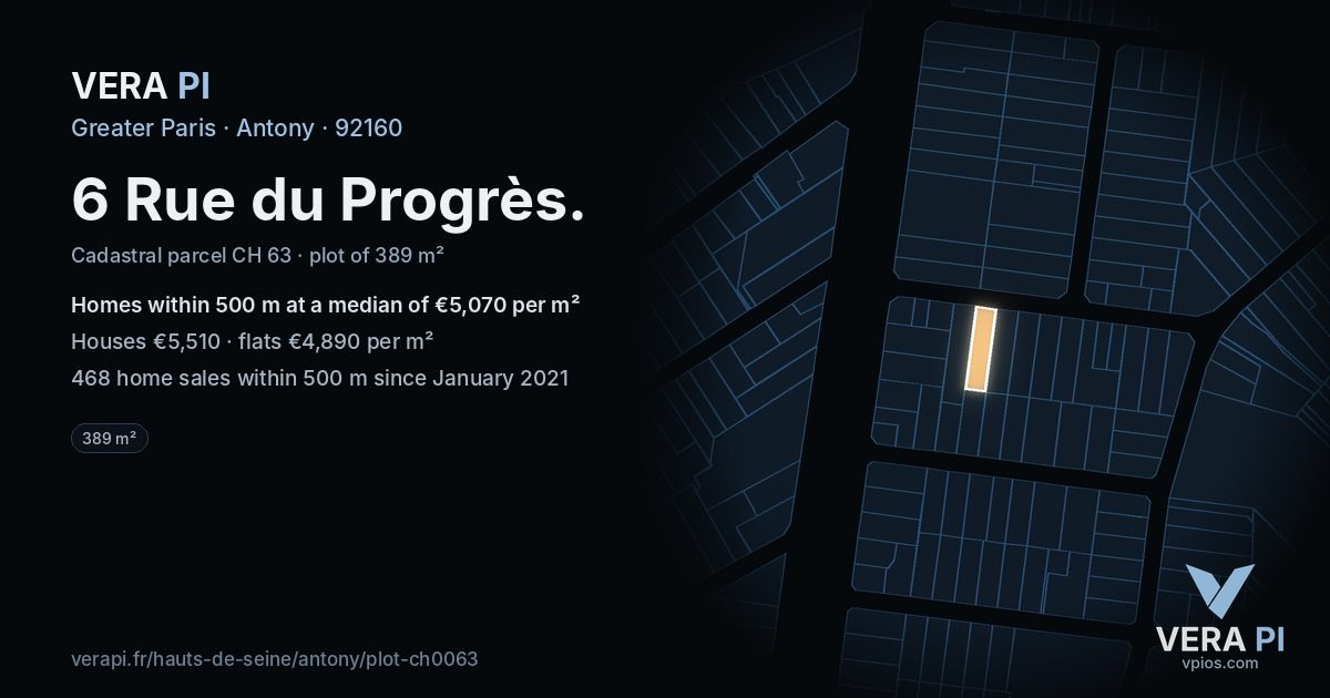 6 Rue du Progrès, Antony at night – the plot lit, the parcels around coloured by the prices near them