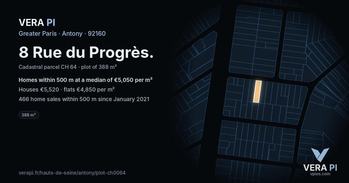 8 Rue du Progrès, Antony at night – the plot lit, the parcels around coloured by the prices near them