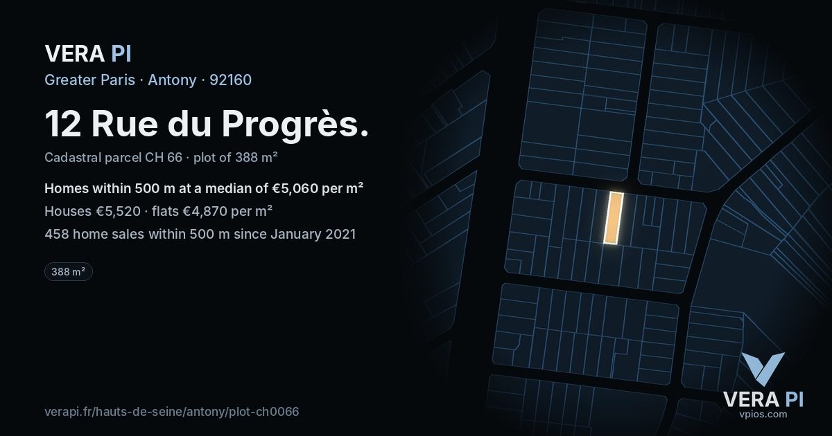 12 Rue du Progrès, Antony at night – the plot lit, the parcels around coloured by the prices near them