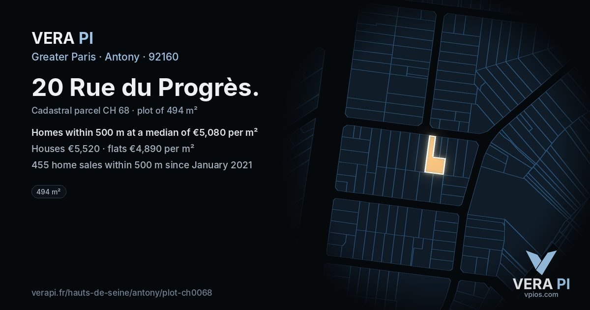 20 Rue du Progrès, Antony at night – the plot lit, the parcels around coloured by the prices near them