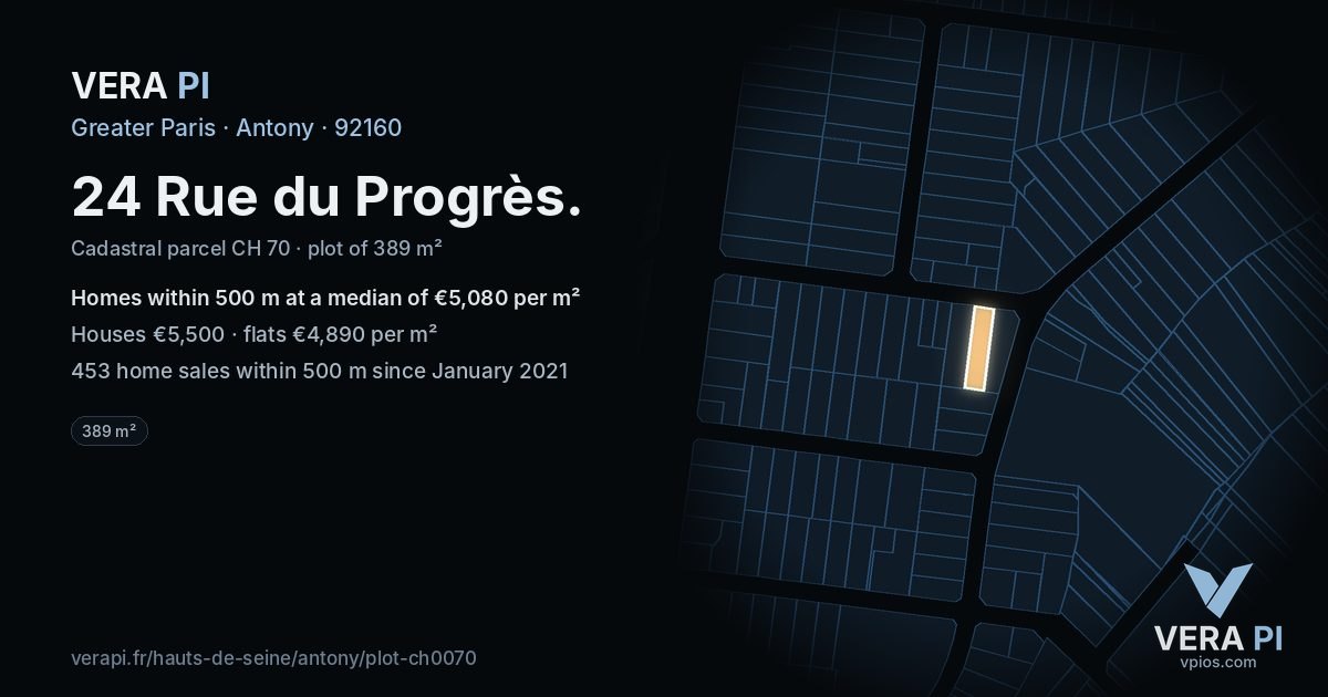 24 Rue du Progrès, Antony at night – the plot lit, the parcels around coloured by the prices near them