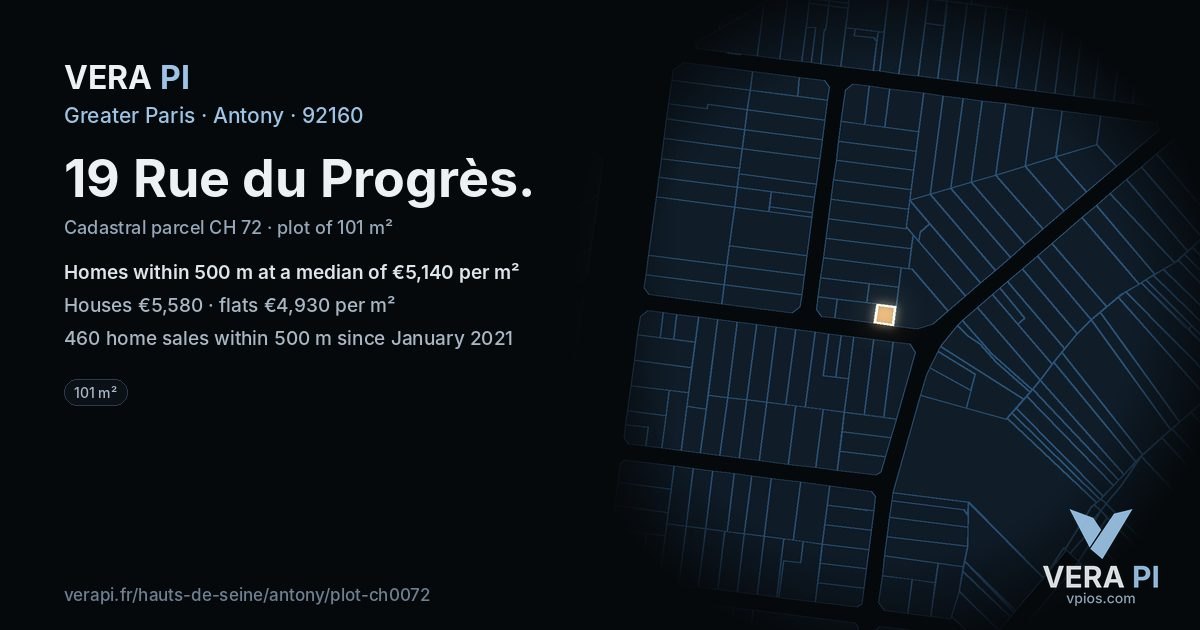 19 Rue du Progrès, Antony at night – the plot lit, the parcels around coloured by the prices near them