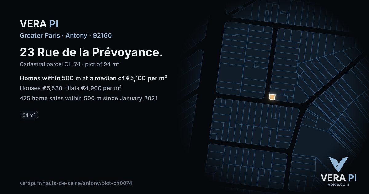 23 Rue de la Prévoyance, Antony at night – the plot lit, the parcels around coloured by the prices near them