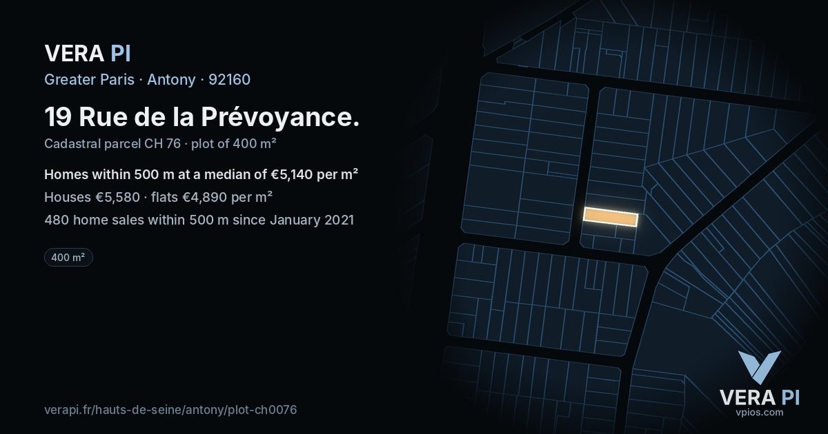 19 Rue de la Prévoyance, Antony at night – the plot lit, the parcels around coloured by the prices near them