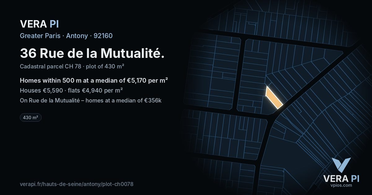 36 Rue de la Mutualité, Antony at night – the plot lit, the parcels around coloured by the prices near them