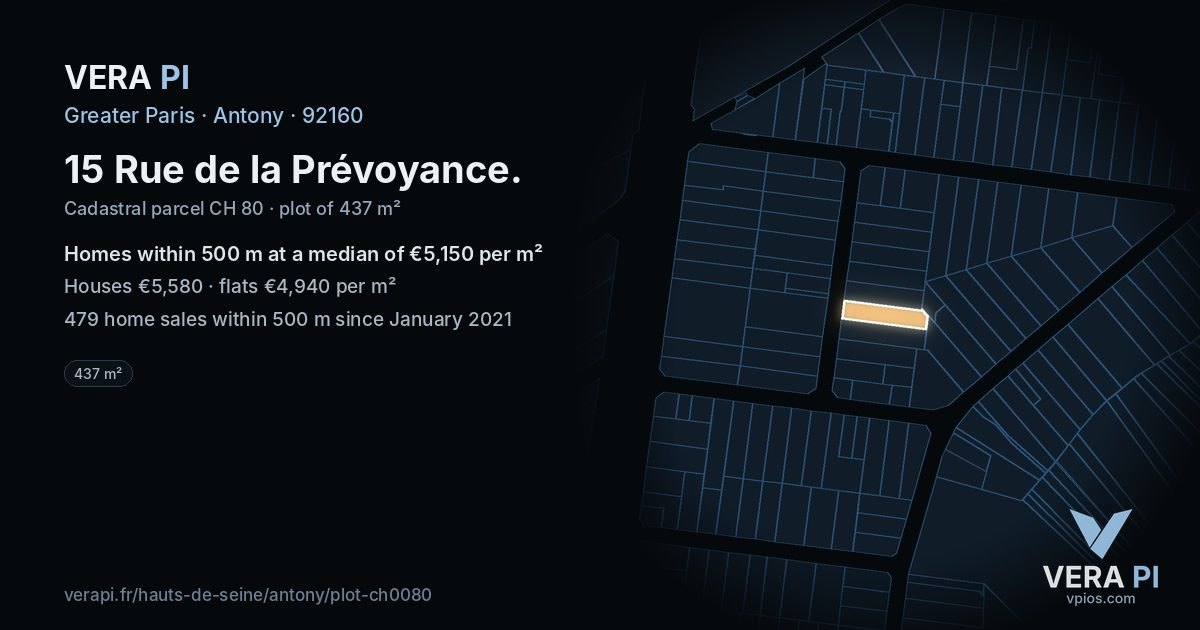 15 Rue de la Prévoyance, Antony at night – the plot lit, the parcels around coloured by the prices near them