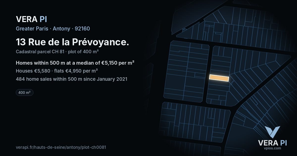 13 Rue de la Prévoyance, Antony at night – the plot lit, the parcels around coloured by the prices near them