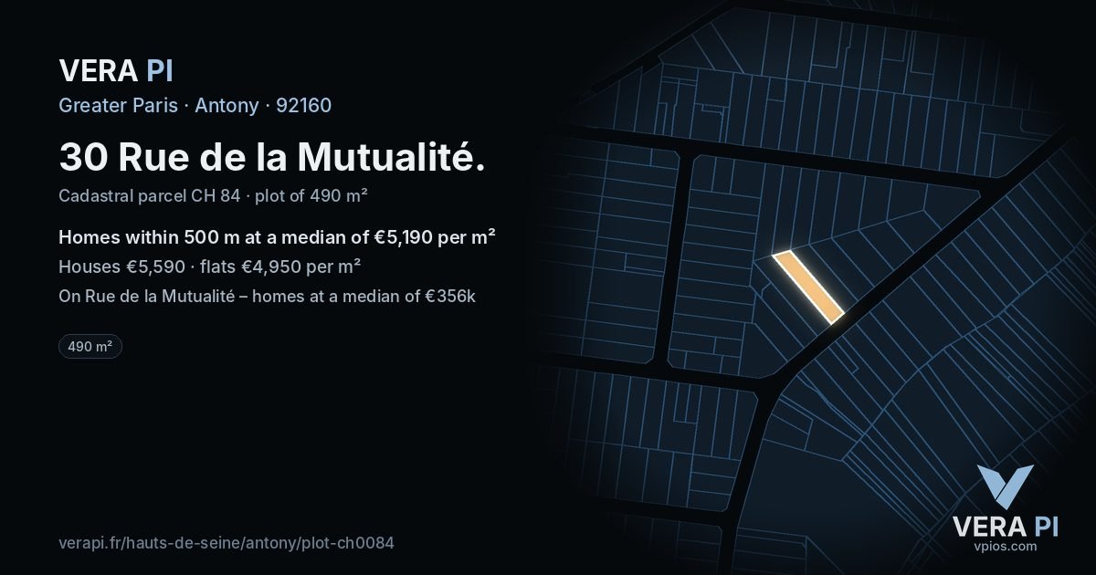 30 Rue de la Mutualité, Antony at night – the plot lit, the parcels around coloured by the prices near them