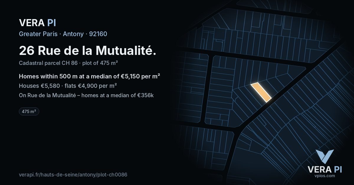 26 Rue de la Mutualité, Antony at night – the plot lit, the parcels around coloured by the prices near them