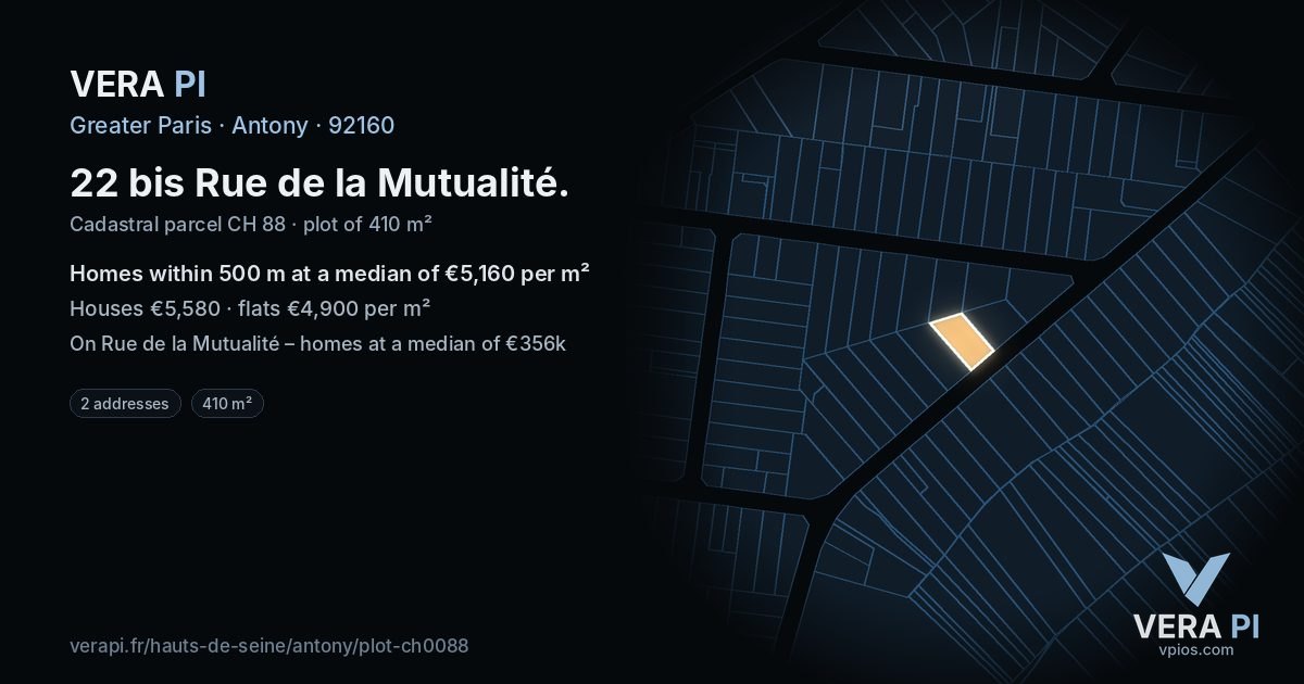 22 bis Rue de la Mutualité, Antony at night – the plot lit, the parcels around coloured by the prices near them