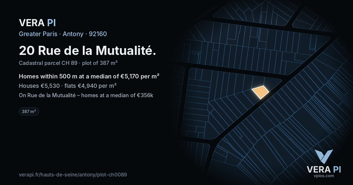 20 Rue de la Mutualité, Antony at night – the plot lit, the parcels around coloured by the prices near them