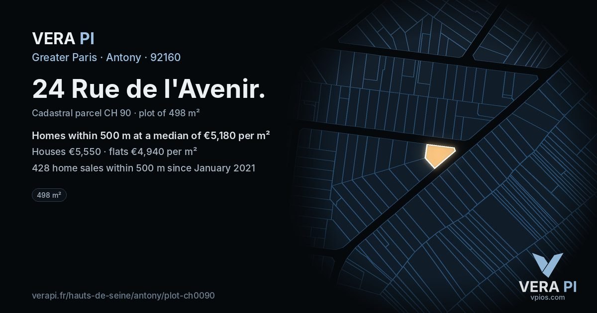 24 Rue de l'Avenir, Antony at night – the plot lit, the parcels around coloured by the prices near them
