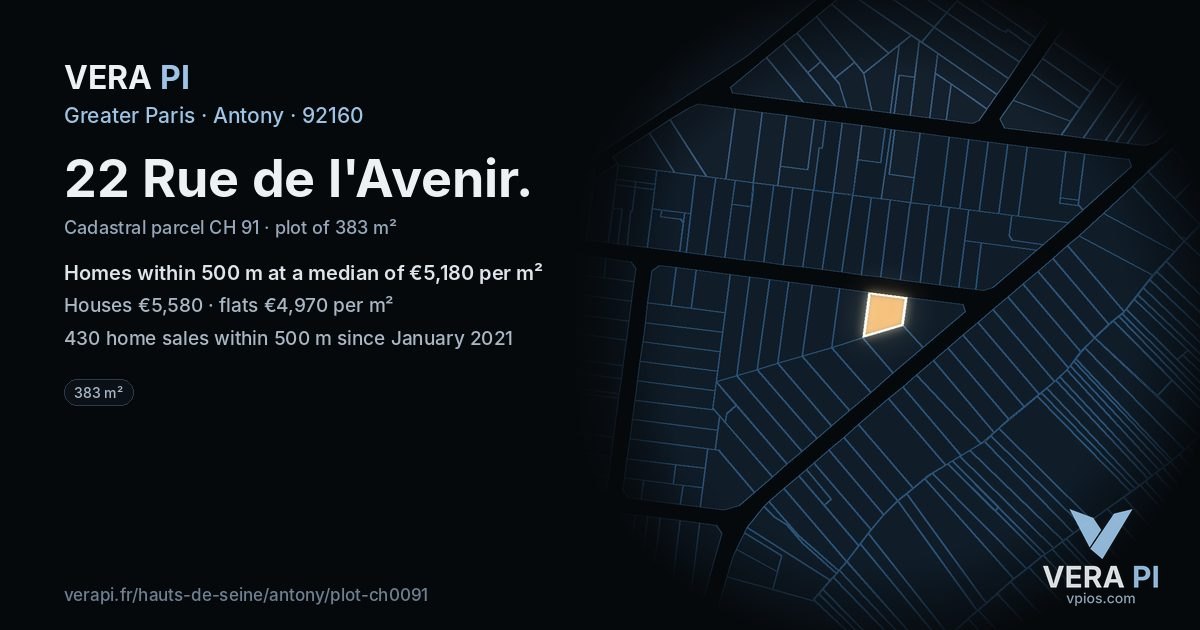 22 Rue de l'Avenir, Antony at night – the plot lit, the parcels around coloured by the prices near them