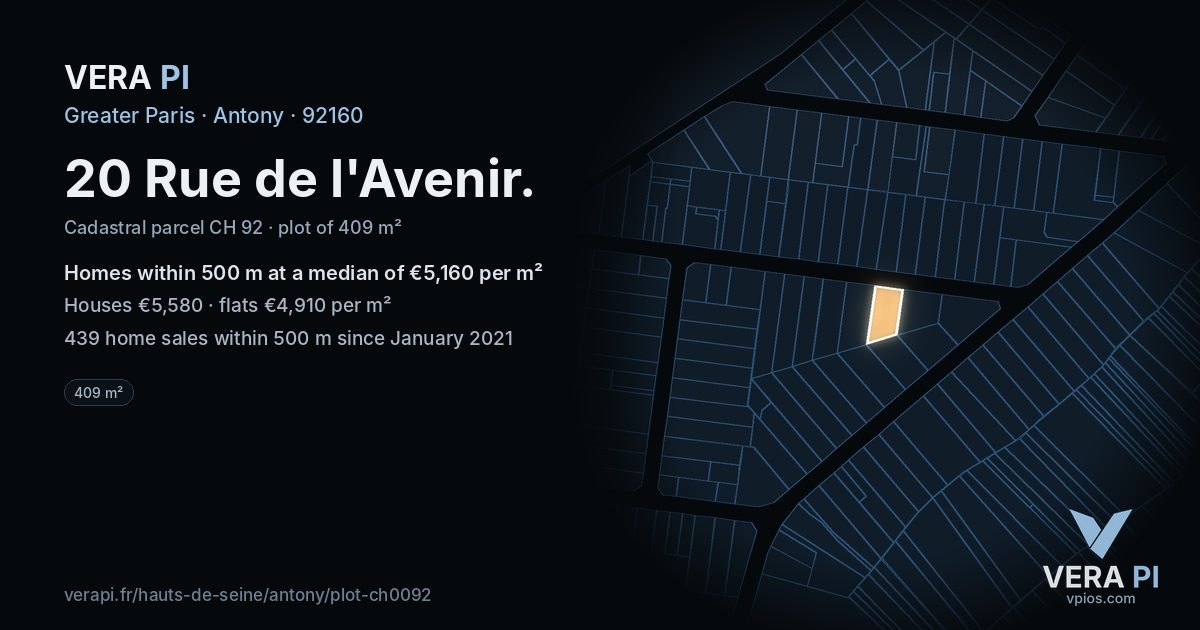 20 Rue de l'Avenir, Antony at night – the plot lit, the parcels around coloured by the prices near them
