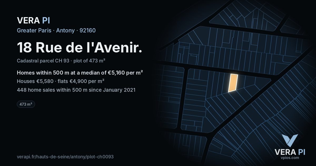 18 Rue de l'Avenir, Antony at night – the plot lit, the parcels around coloured by the prices near them