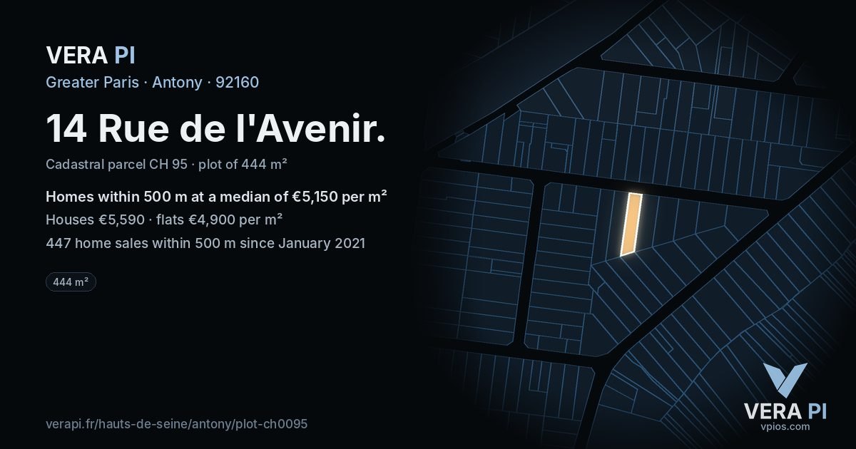 14 Rue de l'Avenir, Antony at night – the plot lit, the parcels around coloured by the prices near them