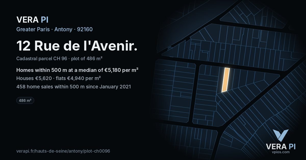 12 Rue de l'Avenir, Antony at night – the plot lit, the parcels around coloured by the prices near them