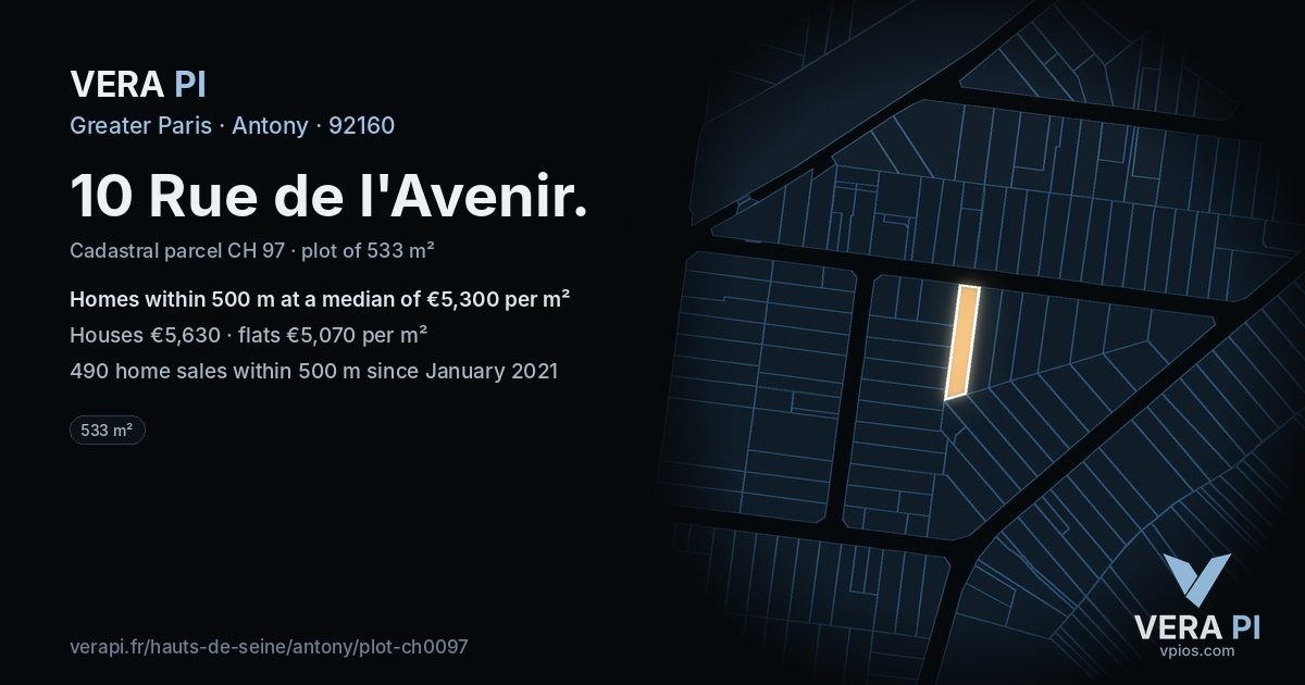 10 Rue de l'Avenir, Antony at night – the plot lit, the parcels around coloured by the prices near them