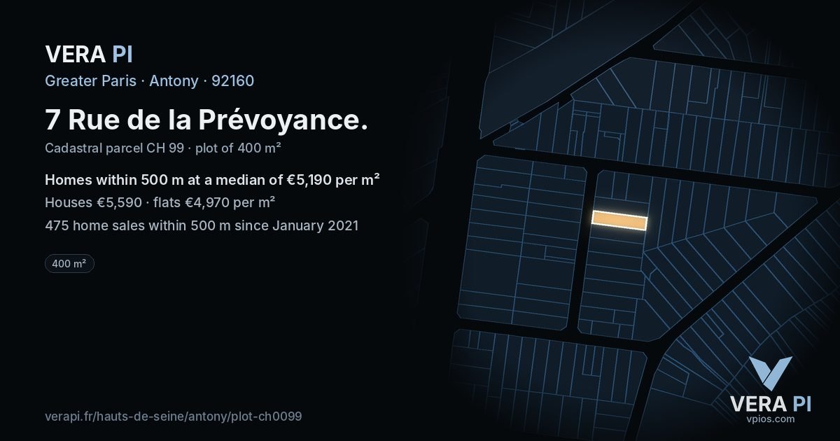 7 Rue de la Prévoyance, Antony at night – the plot lit, the parcels around coloured by the prices near them