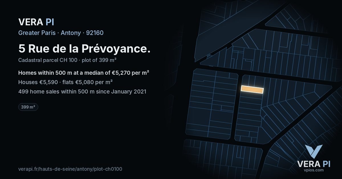 5 Rue de la Prévoyance, Antony at night – the plot lit, the parcels around coloured by the prices near them