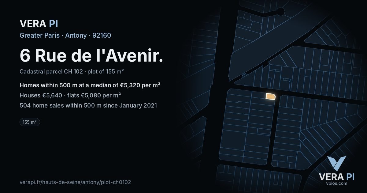 6 Rue de l'Avenir, Antony at night – the plot lit, the parcels around coloured by the prices near them