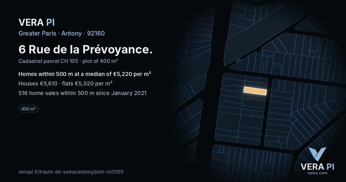 6 Rue de la Prévoyance, Antony at night – the plot lit, the parcels around coloured by the prices near them