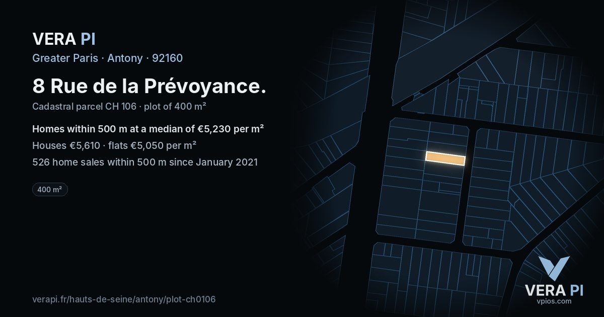 8 Rue de la Prévoyance, Antony at night – the plot lit, the parcels around coloured by the prices near them