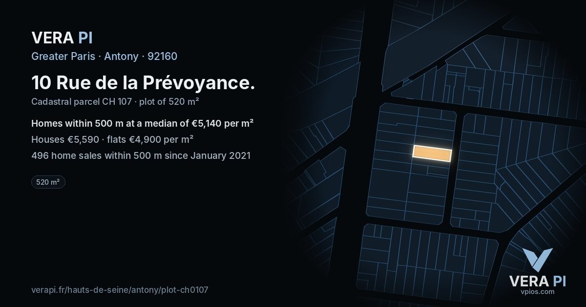 10 Rue de la Prévoyance, Antony at night – the plot lit, the parcels around coloured by the prices near them