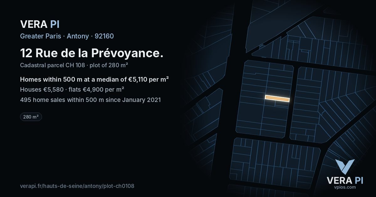 12 Rue de la Prévoyance, Antony at night – the plot lit, the parcels around coloured by the prices near them
