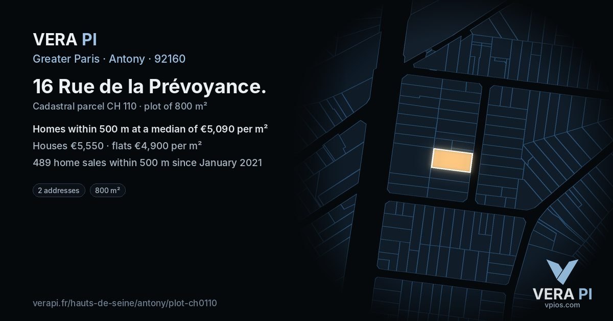16 Rue de la Prévoyance, Antony at night – the plot lit, the parcels around coloured by the prices near them