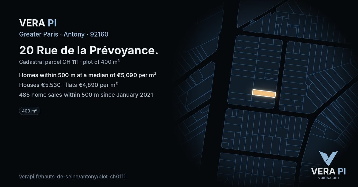 20 Rue de la Prévoyance, Antony at night – the plot lit, the parcels around coloured by the prices near them