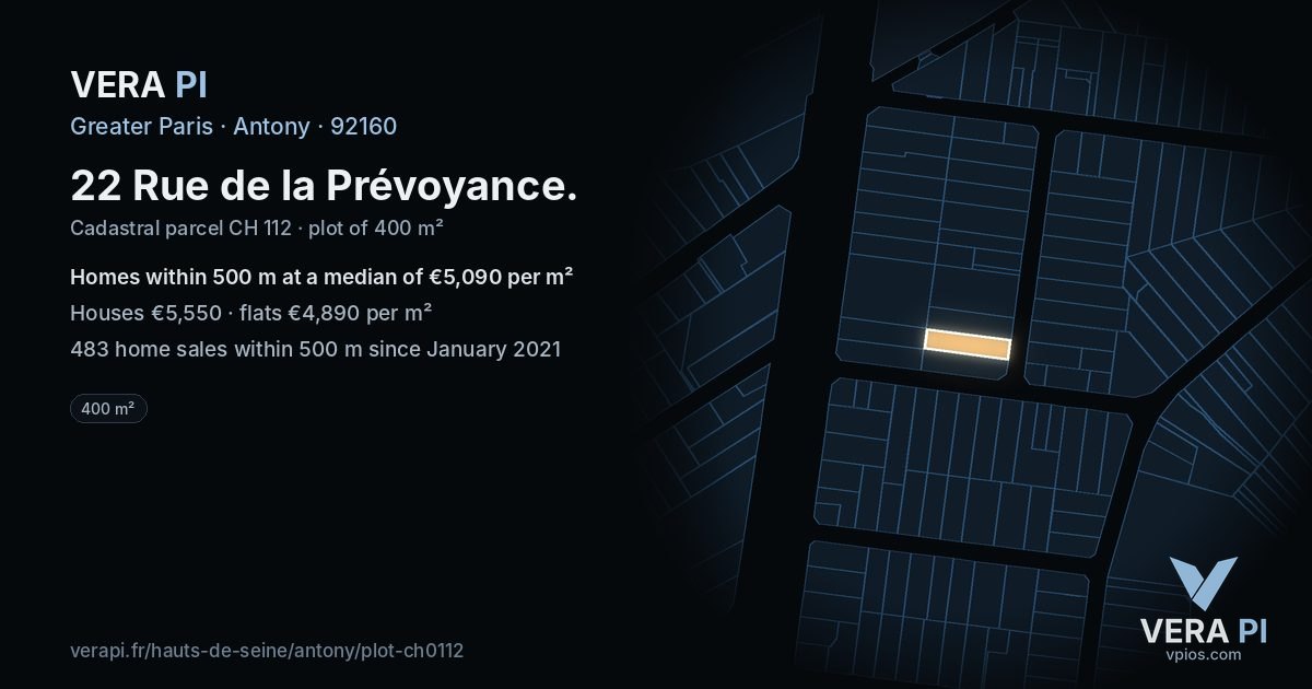 22 Rue de la Prévoyance, Antony at night – the plot lit, the parcels around coloured by the prices near them