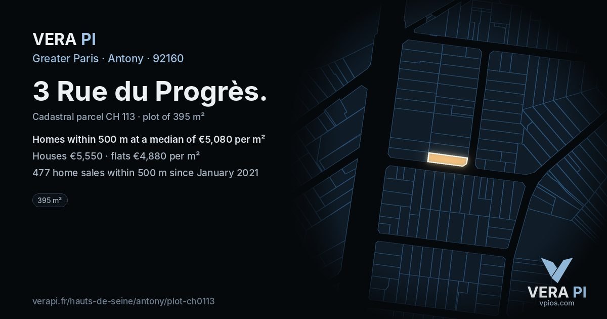 3 Rue du Progrès, Antony at night – the plot lit, the parcels around coloured by the prices near them