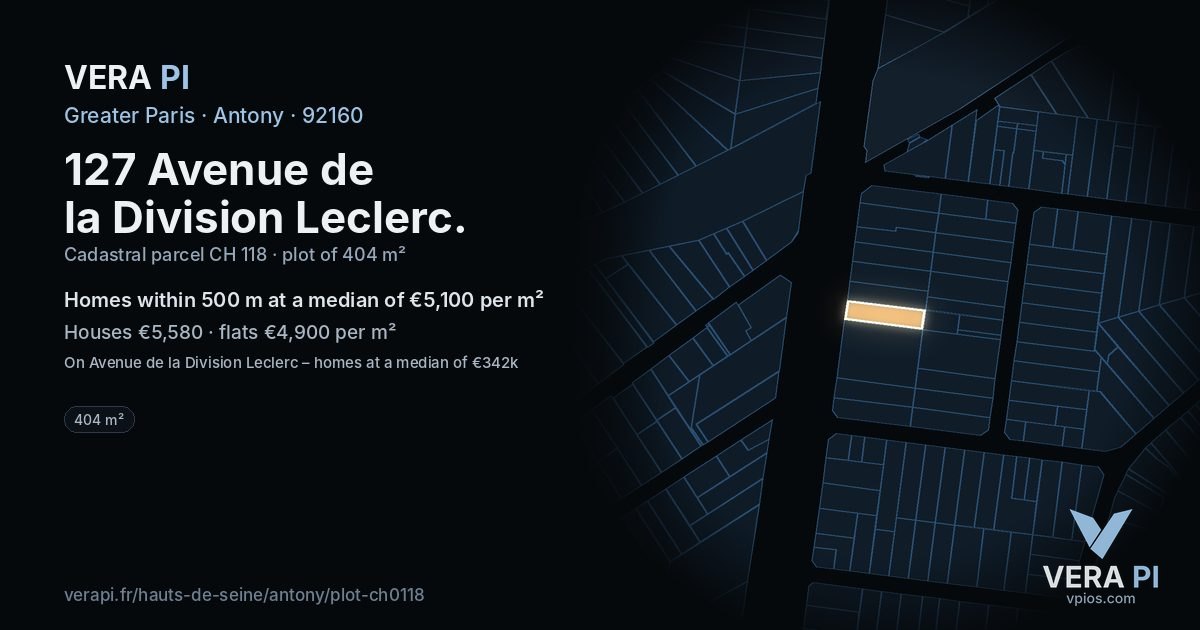 127 Avenue de la Division Leclerc, Antony at night – the plot lit, the parcels around coloured by the prices near them