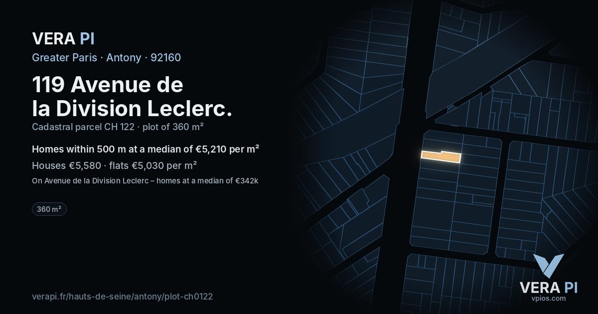 119 Avenue de la Division Leclerc, Antony at night – the plot lit, the parcels around coloured by the prices near them