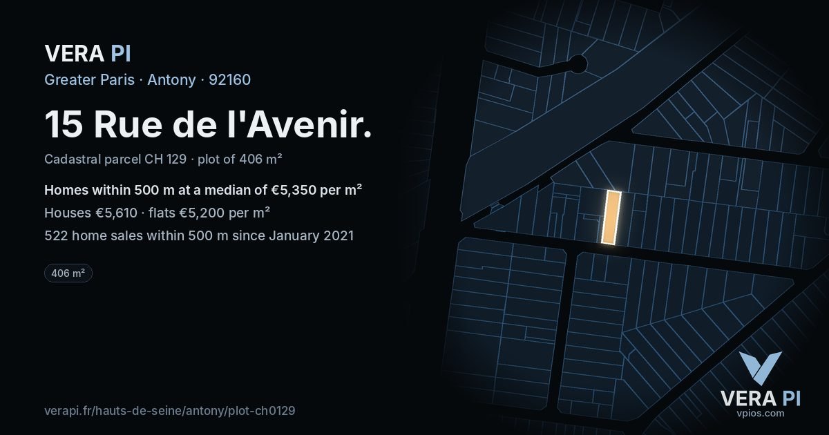 15 Rue de l'Avenir, Antony at night – the plot lit, the parcels around coloured by the prices near them