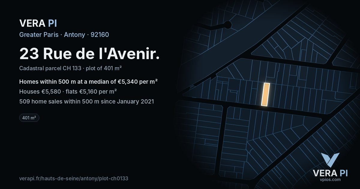 23 Rue de l'Avenir, Antony at night – the plot lit, the parcels around coloured by the prices near them
