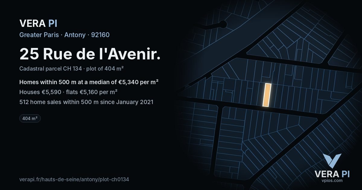 25 Rue de l'Avenir, Antony at night – the plot lit, the parcels around coloured by the prices near them