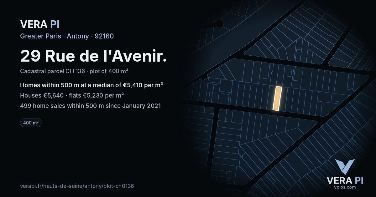 29 Rue de l'Avenir, Antony at night – the plot lit, the parcels around coloured by the prices near them